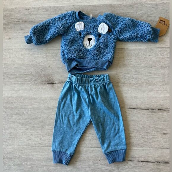 Chick Pea Bear Fleece Jogger Set Blue 0-3 Month NWT - Picture 1 of 4